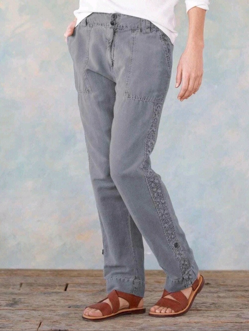 Sundance Casual Pants with Textured Side Panel Detail Sz 2 Petite. Linen Blend